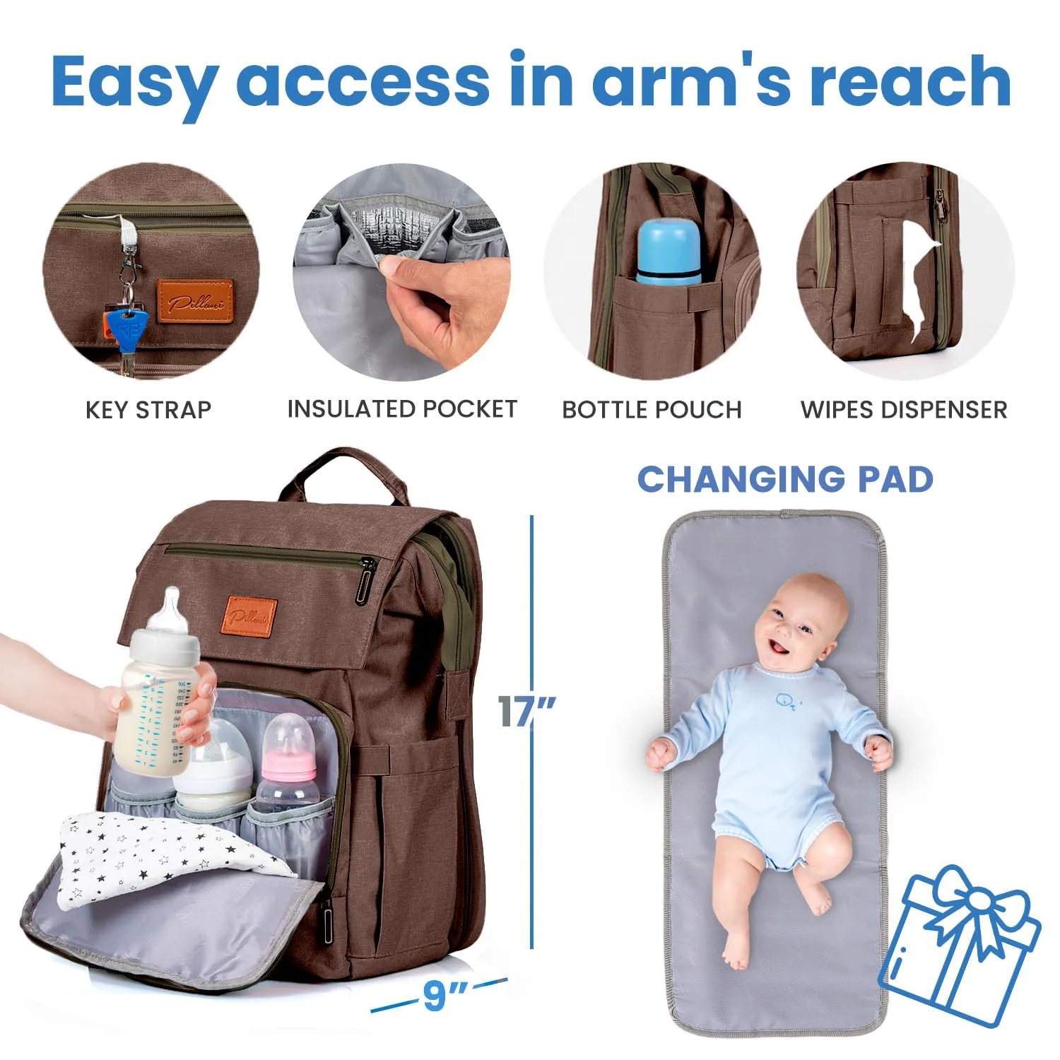 PILLANI Baby Diaper Bag Backpack - Diaper Backpack - Large Bag for Boys & Girls - Waterproof Travel Diaper Bags with Changing Pad - Baby Registry Search & Shower Gifts - Newborn Essentials Must Haves