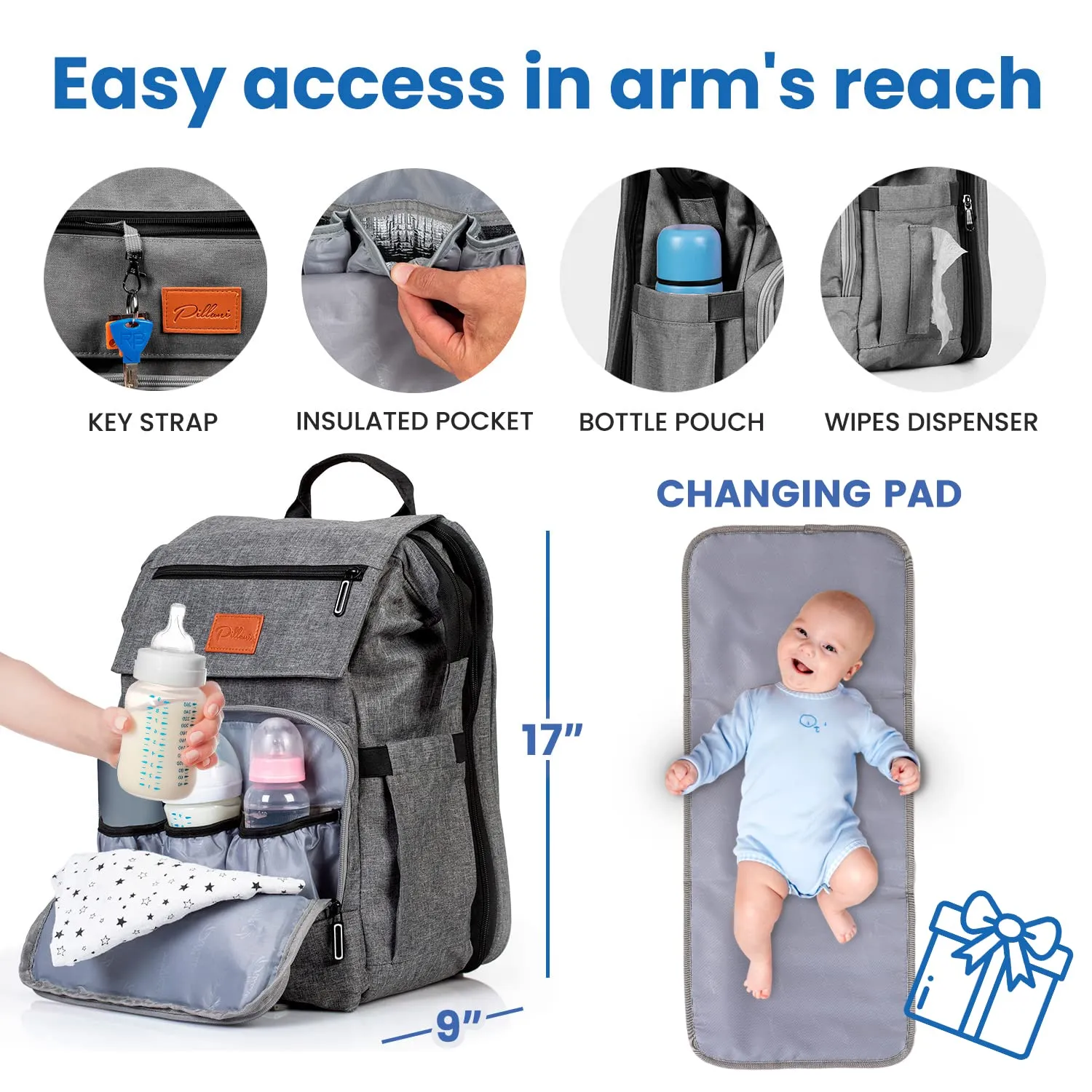 PILLANI Baby Diaper Bag Backpack - Large Bag for Boys & Girls - Diaper Backpack - Travel Diaper Bags with Changing Pad - Baby Registry Search Stuff & Shower Gifts - Newborn Essentials Must Haves Mom