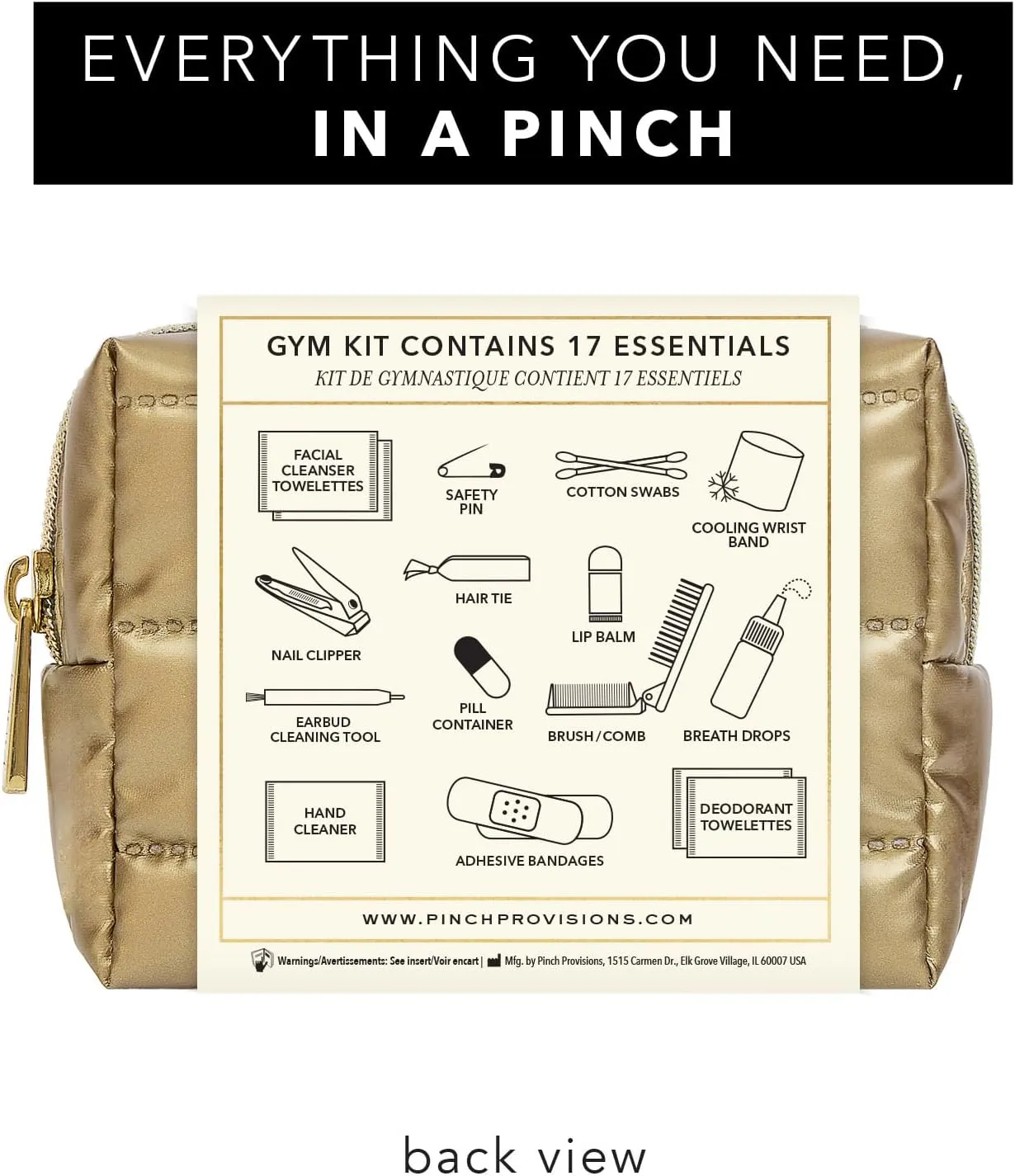 Pinch Provisions Bronze Puffer Gym Kit, Includes 15 Personal Care Essentials for Fitness, Compact Zipper Pouch, Multi-Functional, Perfect for Working Out, Gym Bags, Duffle Bags & Lockers