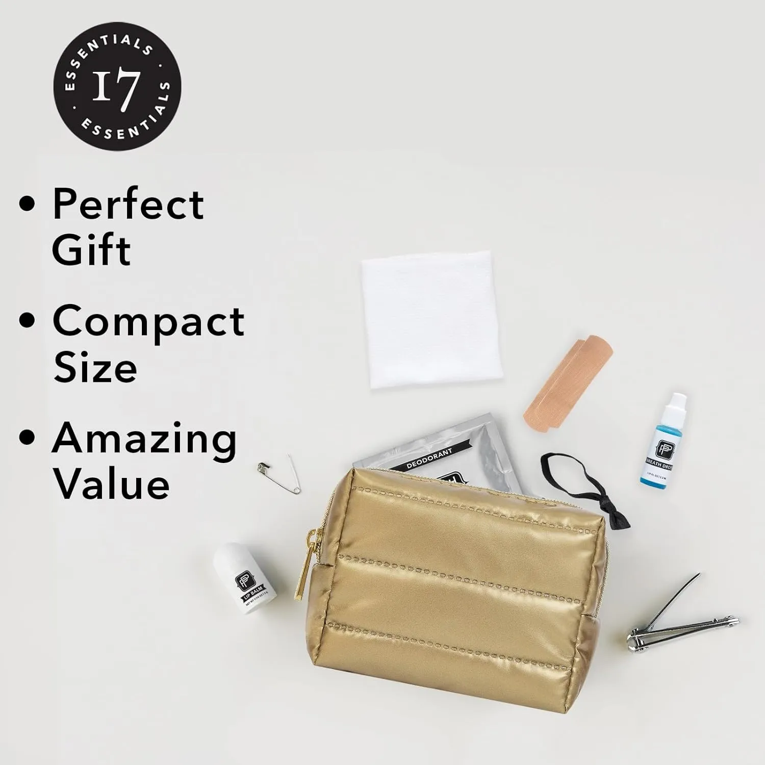 Pinch Provisions Bronze Puffer Gym Kit, Includes 15 Personal Care Essentials for Fitness, Compact Zipper Pouch, Multi-Functional, Perfect for Working Out, Gym Bags, Duffle Bags & Lockers
