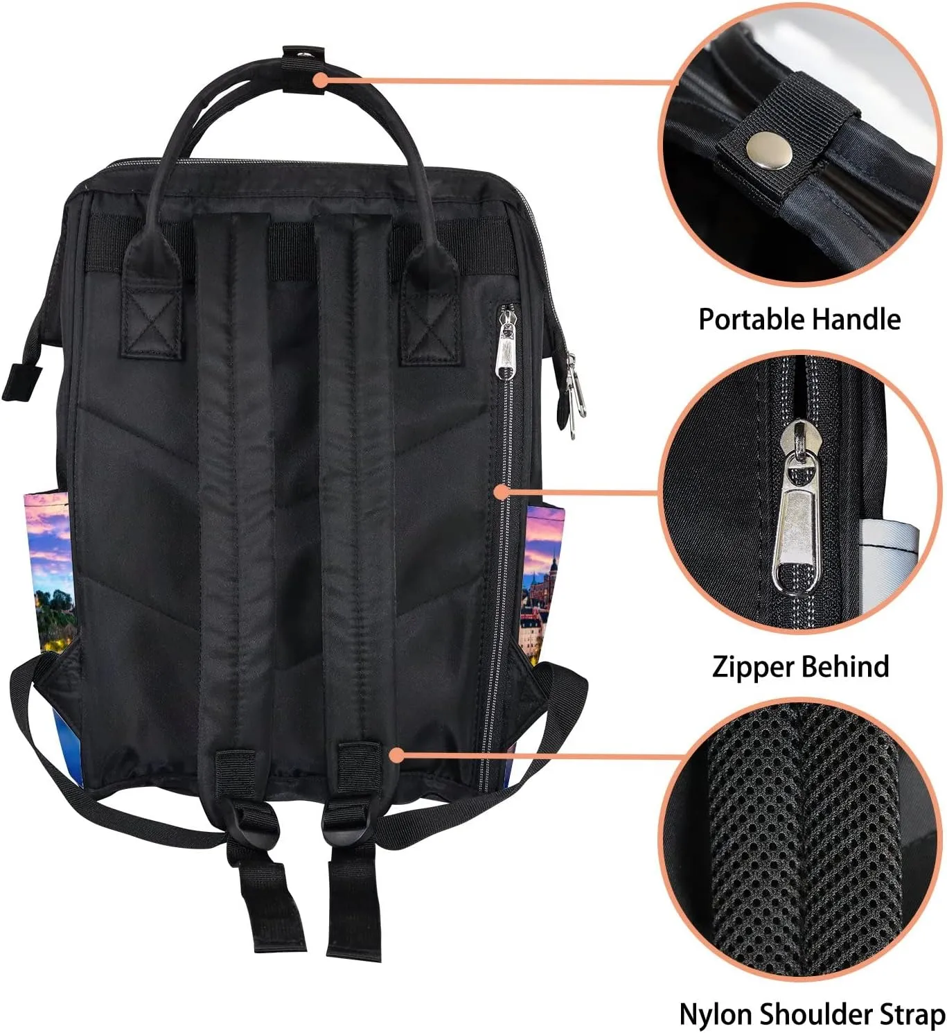 Pink Blue Scenic Evening View Old Town Pier Diaper Bag Backpack, waterproof backpack Baby Nappy Changing Bags Laptop Backpack for Travel, Large Capacity, Durable and Stylish for Woman and Men.