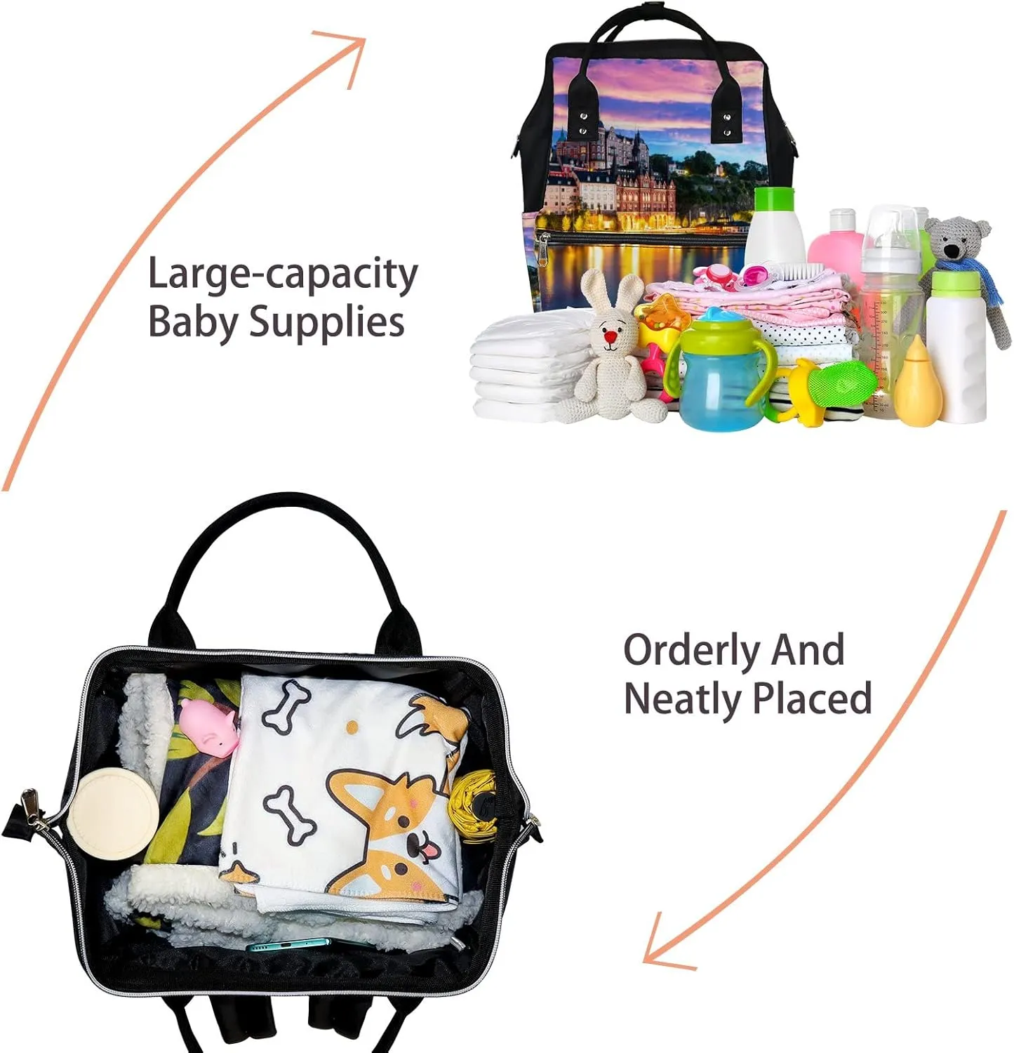 Pink Blue Scenic Evening View Old Town Pier Diaper Bag Backpack, waterproof backpack Baby Nappy Changing Bags Laptop Backpack for Travel, Large Capacity, Durable and Stylish for Woman and Men.