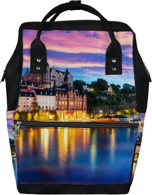 Pink Blue Scenic Evening View Old Town Pier Diaper Bag Backpack, waterproof backpack Baby Nappy Changing Bags Laptop Backpack for Travel, Large Capacity, Durable and Stylish for Woman and Men.