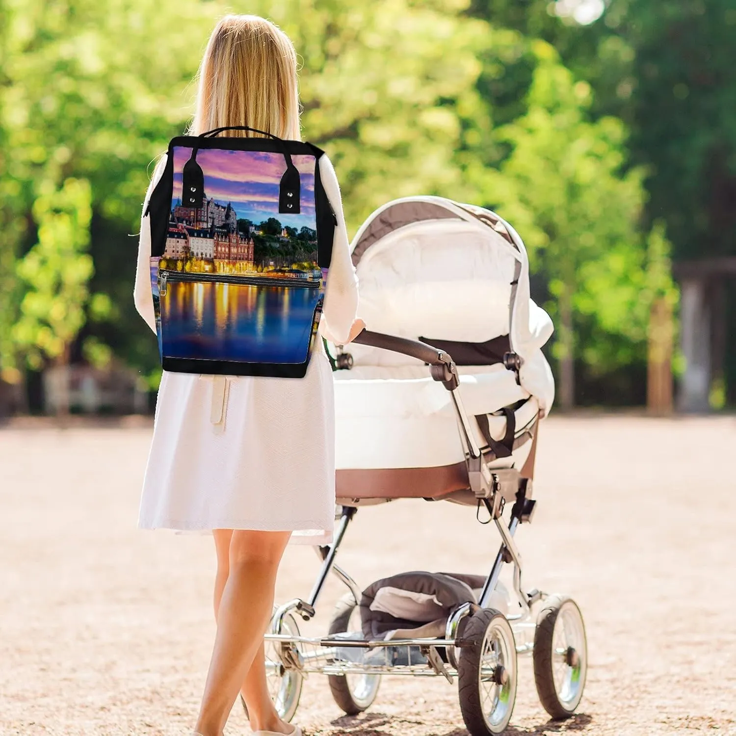 Pink Blue Scenic Evening View Old Town Pier Diaper Bag Backpack, waterproof backpack Baby Nappy Changing Bags Laptop Backpack for Travel, Large Capacity, Durable and Stylish for Woman and Men.