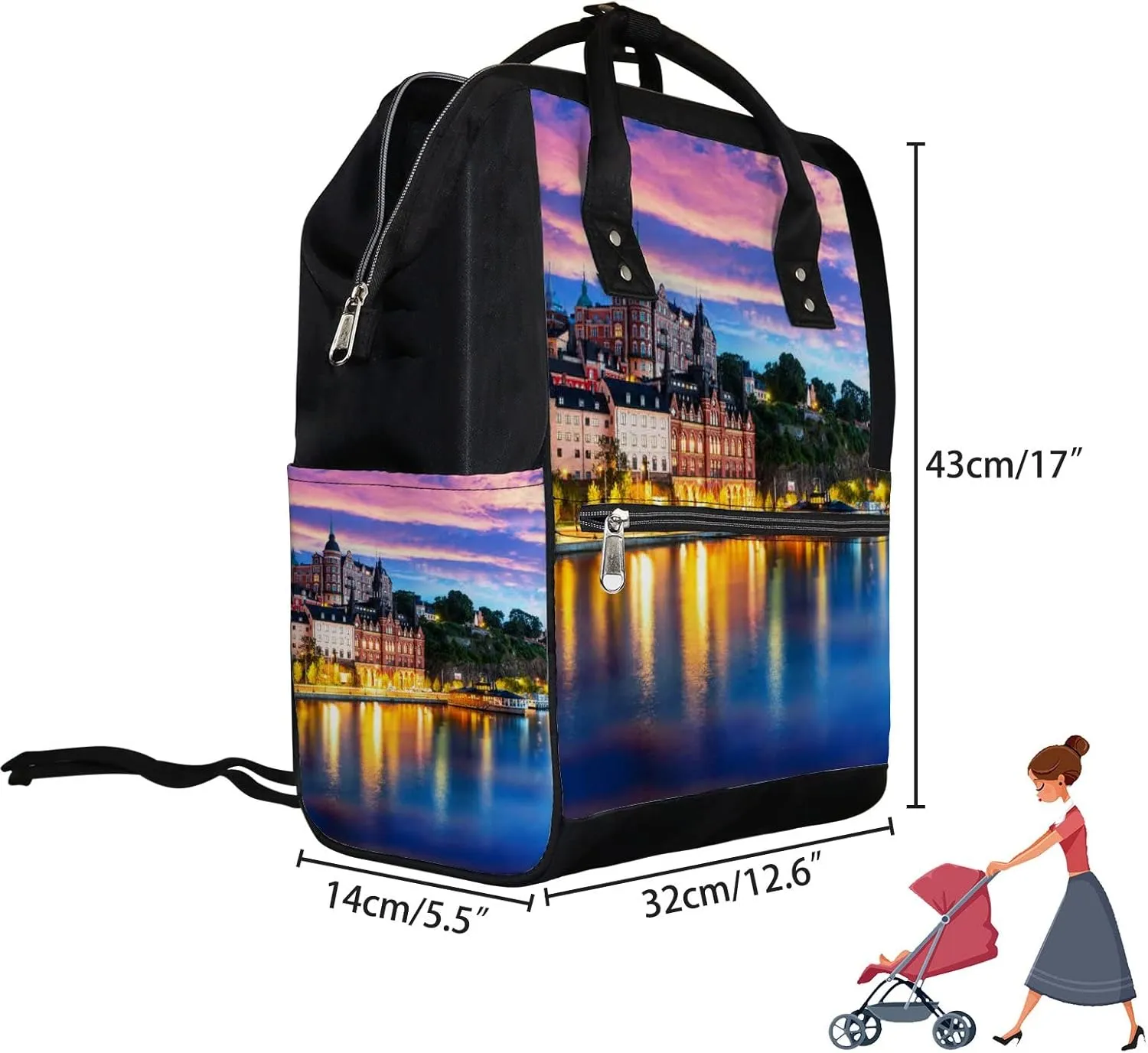 Pink Blue Scenic Evening View Old Town Pier Diaper Bag Backpack, waterproof backpack Baby Nappy Changing Bags Laptop Backpack for Travel, Large Capacity, Durable and Stylish for Woman and Men.