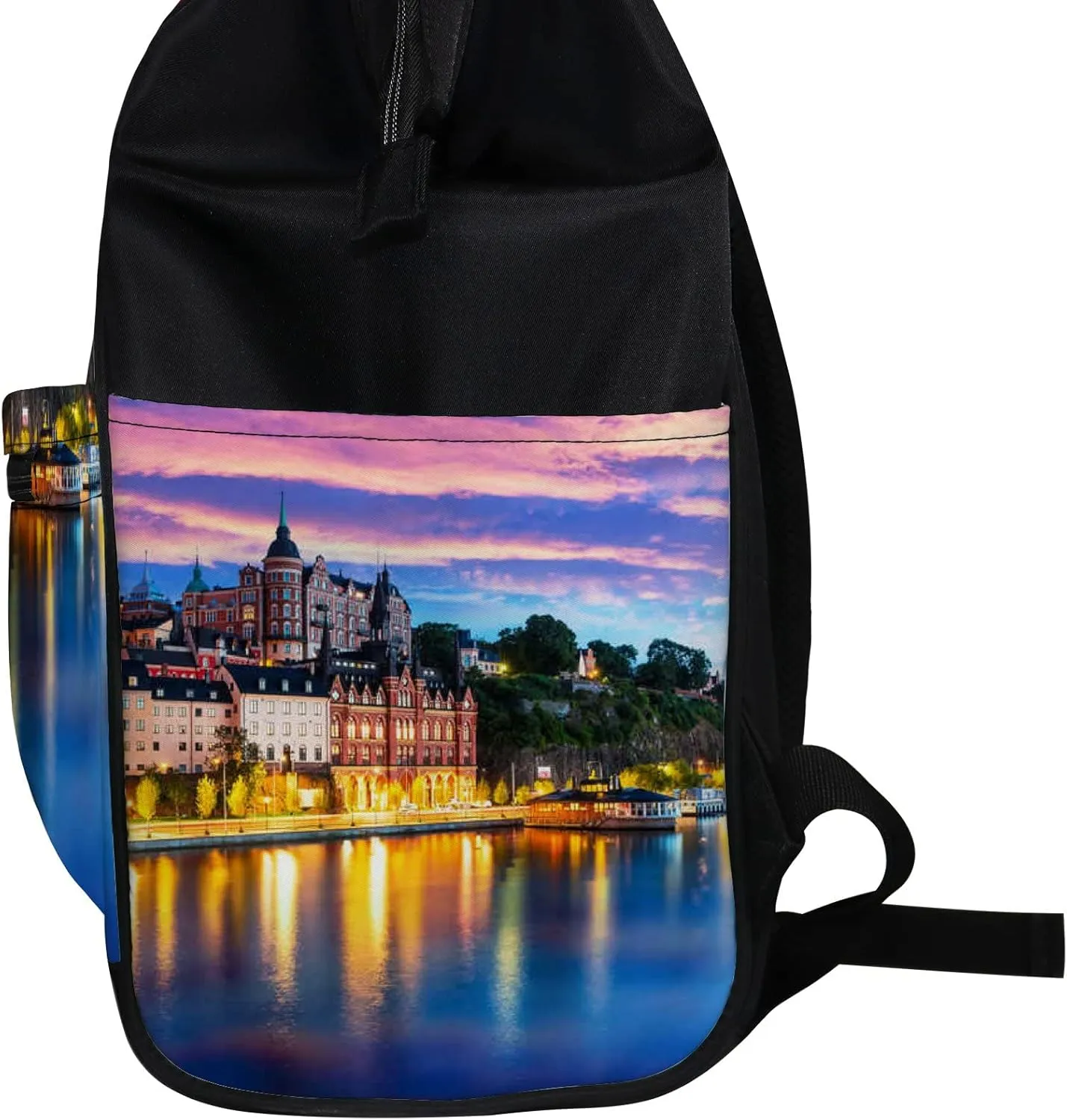 Pink Blue Scenic Evening View Old Town Pier Diaper Bag Backpack, waterproof backpack Baby Nappy Changing Bags Laptop Backpack for Travel, Large Capacity, Durable and Stylish for Woman and Men.