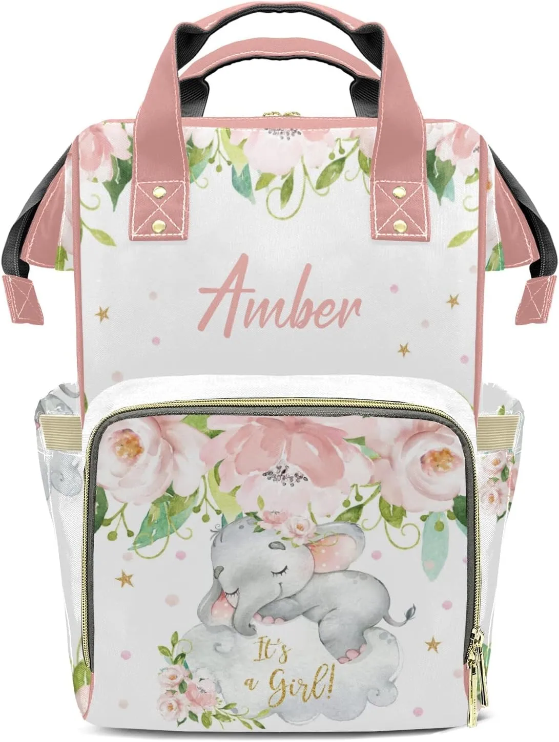 Pink Flower Elephant Diaper Bags Customized Mummy Nursing Casual Daypack Hiking Camping Baby Bags for Mom