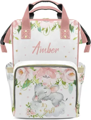 Pink Flower Elephant Diaper Bags Customized Mummy Nursing Casual Daypack Hiking Camping Baby Bags for Mom