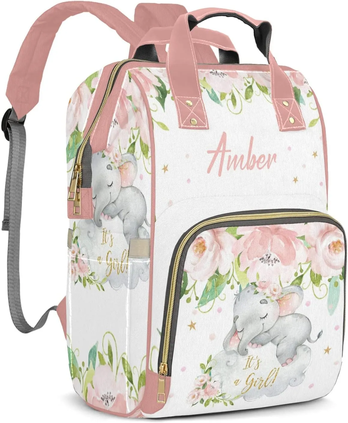 Pink Flower Elephant Diaper Bags Customized Mummy Nursing Casual Daypack Hiking Camping Baby Bags for Mom