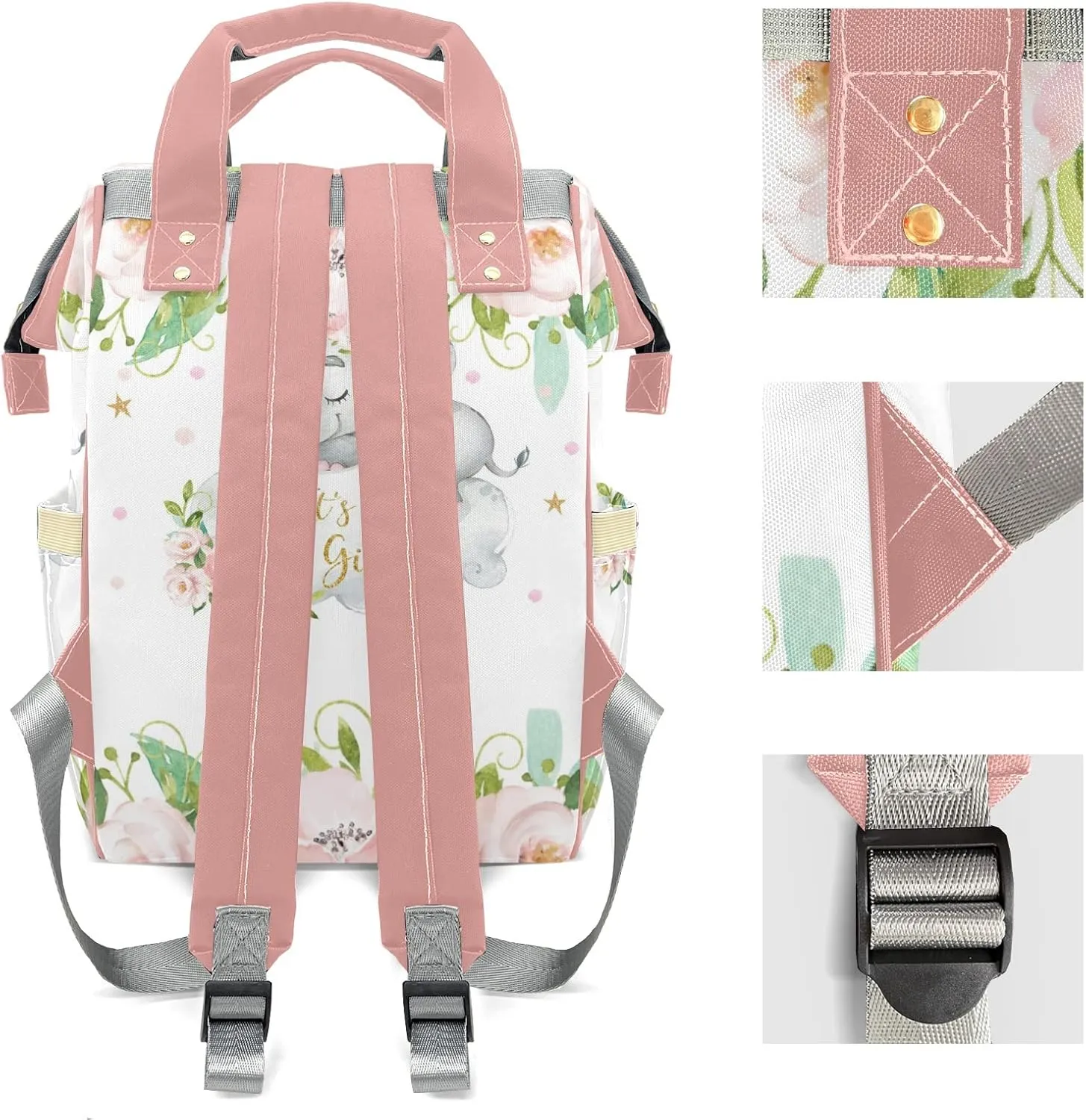 Pink Flower Elephant Diaper Bags Customized Mummy Nursing Casual Daypack Hiking Camping Baby Bags for Mom