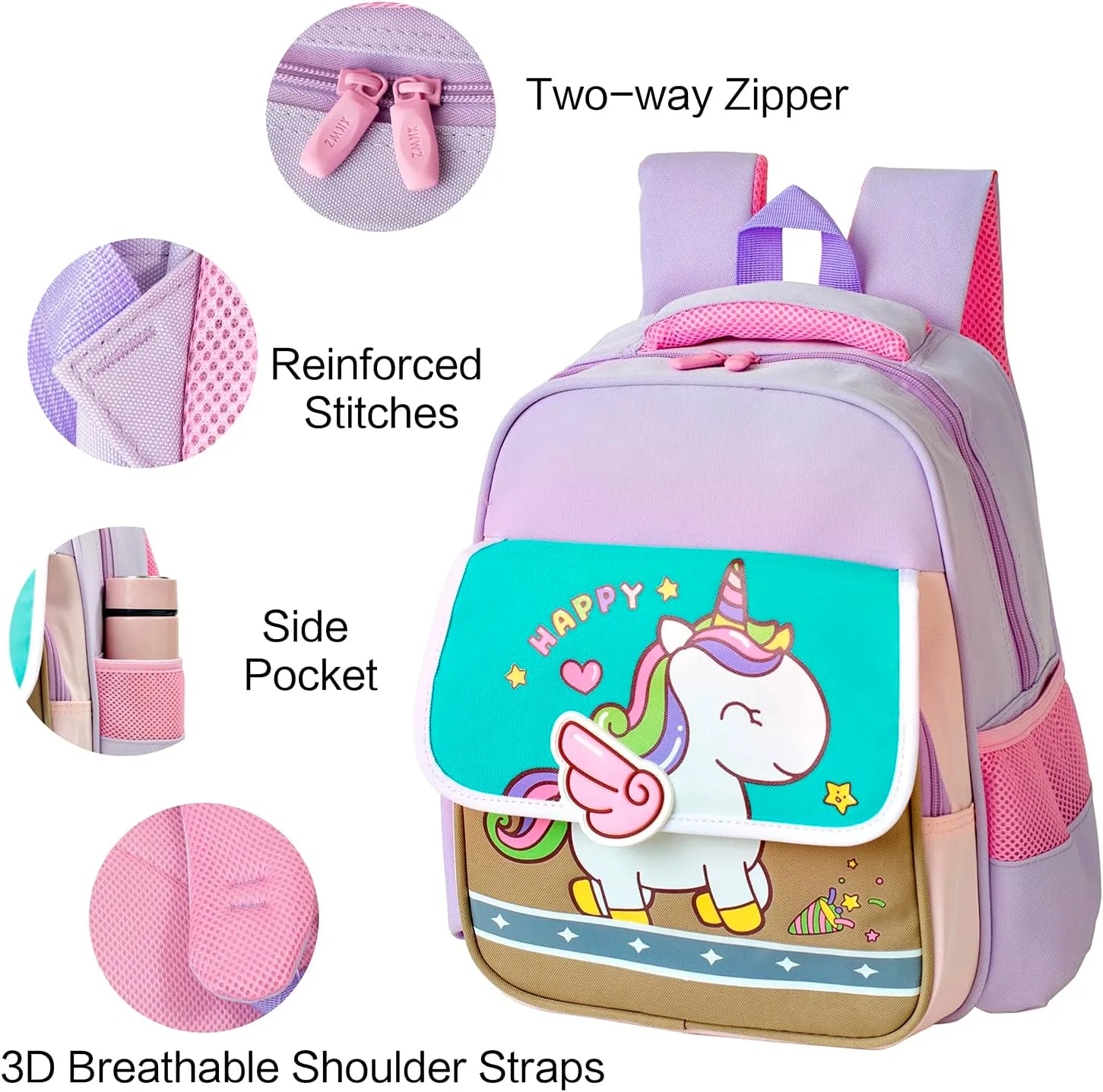 Pink Unicorn Cartoon Kids Backpack - Waterproof School Bag for Boys and Girls Ages 3-6, Ideal for Preschool and Kindergarten (lilac), Medium