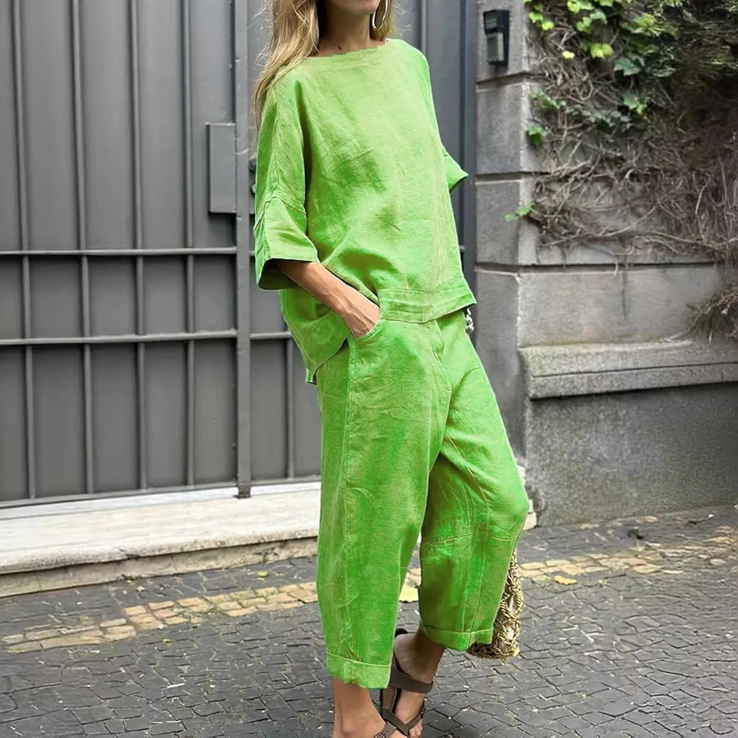 Plus Size Two Piece Sets for Women 2 Piece Matching Cotton Linen Lounge Wear Summer Loose Fit Wide Leg Pants Set