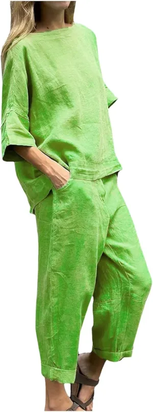 Plus Size Two Piece Sets for Women 2 Piece Matching Cotton Linen Lounge Wear Summer Loose Fit Wide Leg Pants Set