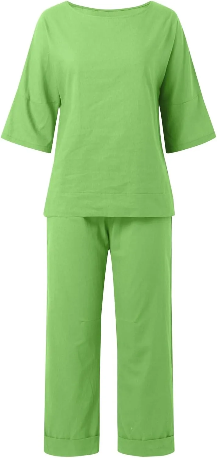 Plus Size Two Piece Sets for Women 2 Piece Matching Cotton Linen Lounge Wear Summer Loose Fit Wide Leg Pants Set
