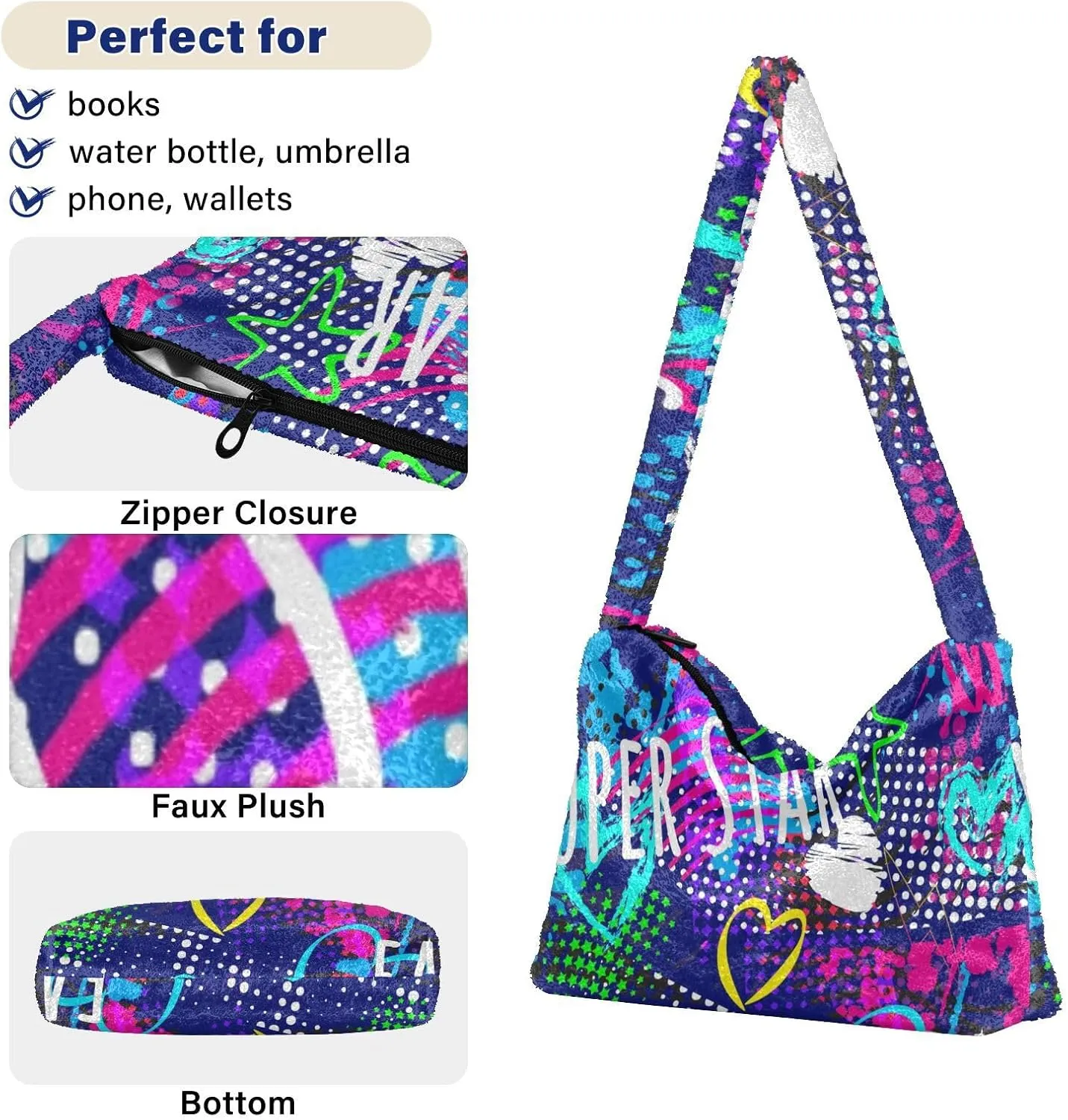 Plush Underarm Bag Ladies Fluffy Shoulder Bag Women Furry Fashions Tote Bag Plush Handbag for Autumn and Winter Multicolor 1