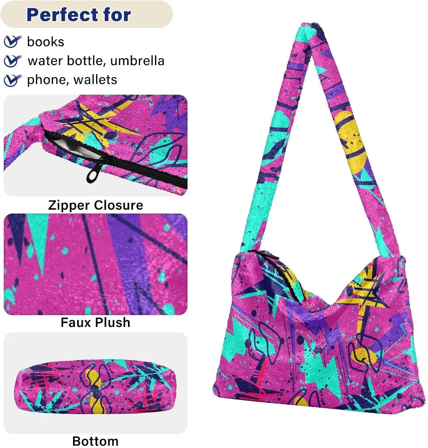 Plush Underarm Bag Ladies Fluffy Shoulder Bag Women Furry Fashions Tote Bag Plush Handbag for Autumn and Winter Multicolor 1