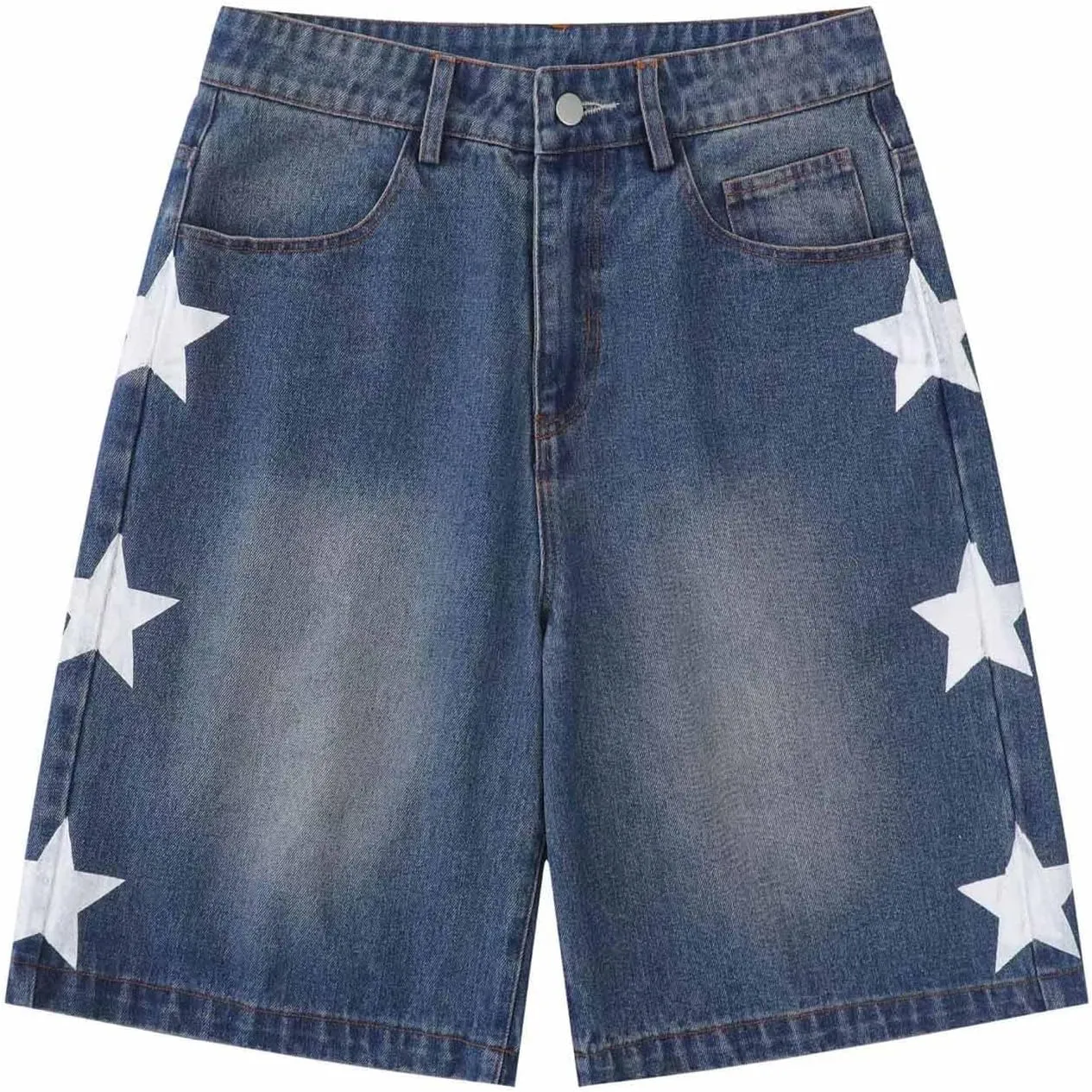 POHADON Y2K Blue Denim Shorts Summer Casual Loose Straight Leg Unisex Baggy Jeans Shorts Jorts Grunge Harajuku Streetwear