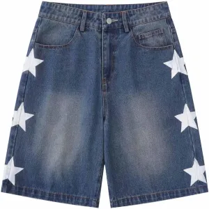POHADON Y2K Blue Denim Shorts Summer Casual Loose Straight Leg Unisex Baggy Jeans Shorts Jorts Grunge Harajuku Streetwear