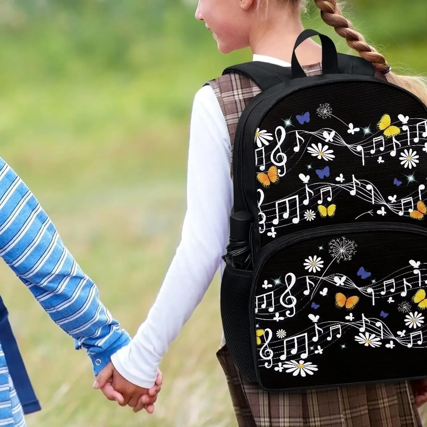 POLERO Music Note Backpack for Music Lovers Musical Butterfly Daisy Floral Kids Schoolbags Elementary Bookbag Travel Daypack