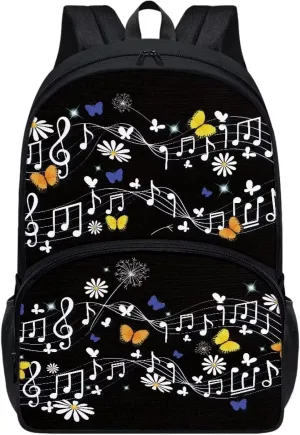 POLERO Music Note Backpack for Music Lovers Musical Butterfly Daisy Floral Kids Schoolbags Elementary Bookbag Travel Daypack