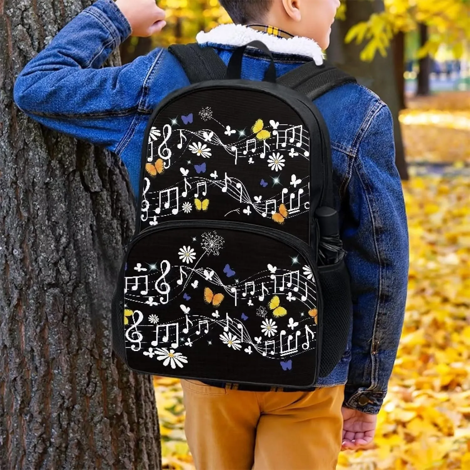 POLERO Music Note Backpack for Music Lovers Musical Butterfly Daisy Floral Kids Schoolbags Elementary Bookbag Travel Daypack