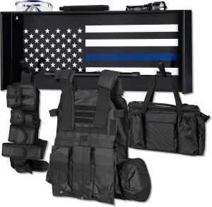 Police Gear Stand, Police Hanger, Tactical Duty Gear Rack with 3 Hooks, Free-Standing All Iron Frame Police Gift Decor with Flag, Black, Come Home Safe