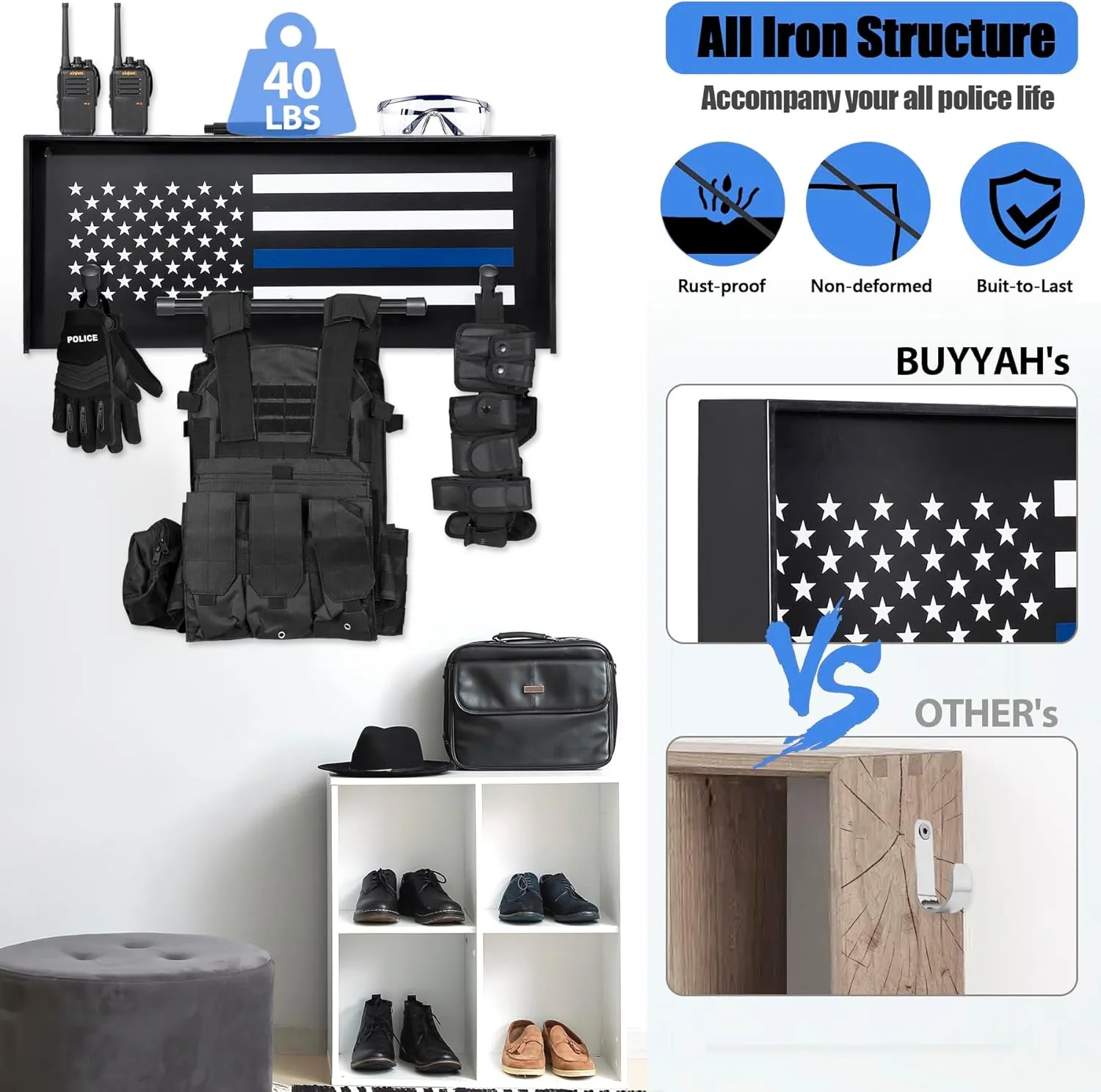 Police Gear Stand, Police Hanger, Tactical Duty Gear Rack with 3 Hooks, Free-Standing All Iron Frame Police Gift Decor with Flag, Black, Come Home Safe