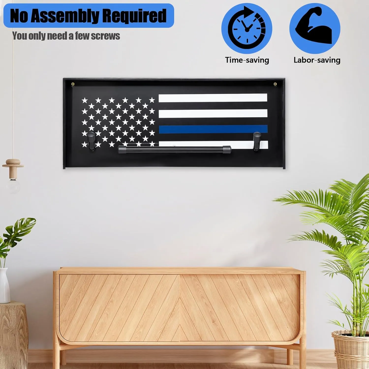 Police Gear Stand, Police Hanger, Tactical Duty Gear Rack with 3 Hooks, Free-Standing All Iron Frame Police Gift Decor with Flag, Black, Come Home Safe