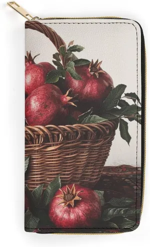 Pomegranates in Basket Leather Wallet for Men Women Slim Vertical Purse Long Wallet with Zipper Card Holder
