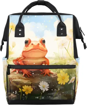 Pond Frog Flowers Watercolor Diaper Bag Mommy Bags With Adjustable Shoulder Strap Waterproof Multifunction Shoulder Bag Travel Large Capacity Backpack for Moms And Dads