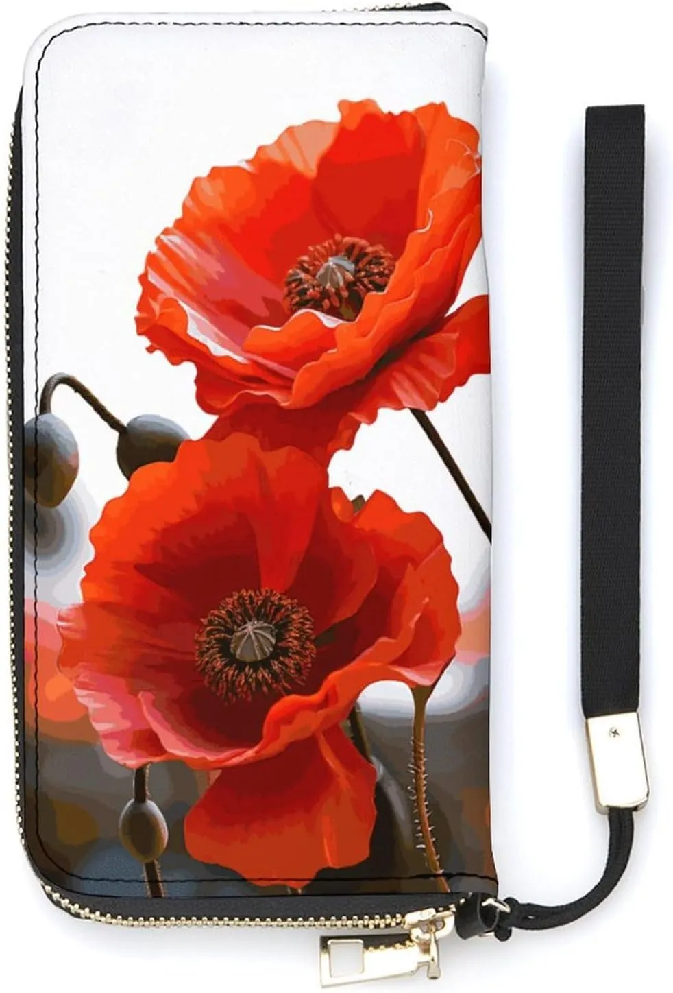Poppy Flowers Vivid Petals Ladies' Leather Wallet With Hand Strap Slim Vertical Purse Wallets Card Case Long Zip Around Long Wallet Credit Cards Holder Phone Clutch