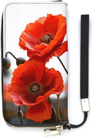 Poppy Flowers Vivid Petals Ladies' Leather Wallet With Hand Strap Slim Vertical Purse Wallets Card Case Long Zip Around Long Wallet Credit Cards Holder Phone Clutch