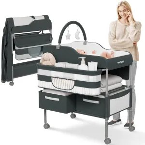 Portable Baby Changing Table with Wheels - Modern Dresser Changing Tables w/Hanging Toys, Laundry Bag, Changing Table Organizer Boxes - Folding Waterproof Baby Diaper (Dark Grey)