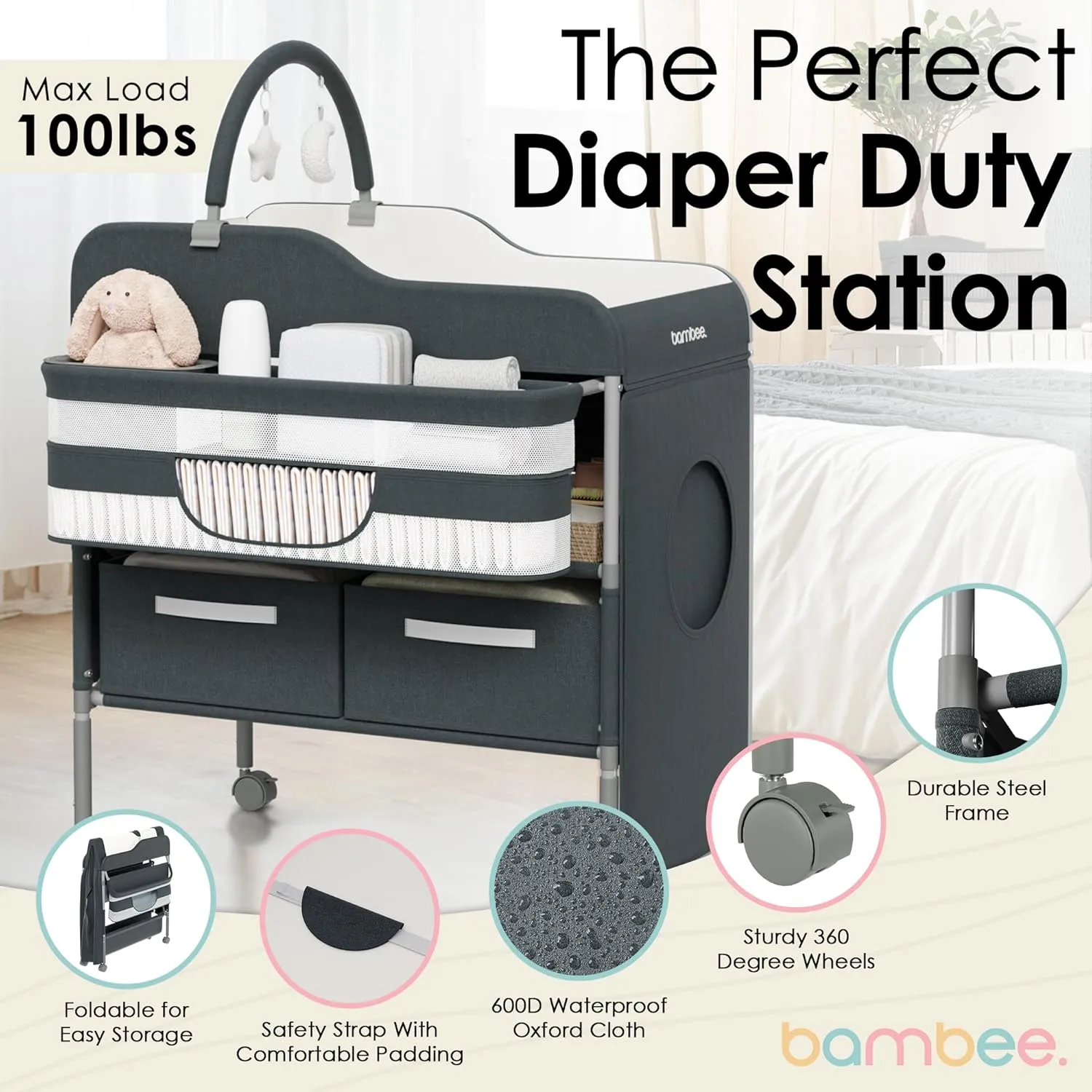 Portable Baby Changing Table with Wheels - Modern Dresser Changing Tables w/Hanging Toys, Laundry Bag, Changing Table Organizer Boxes - Folding Waterproof Baby Diaper (Dark Grey)