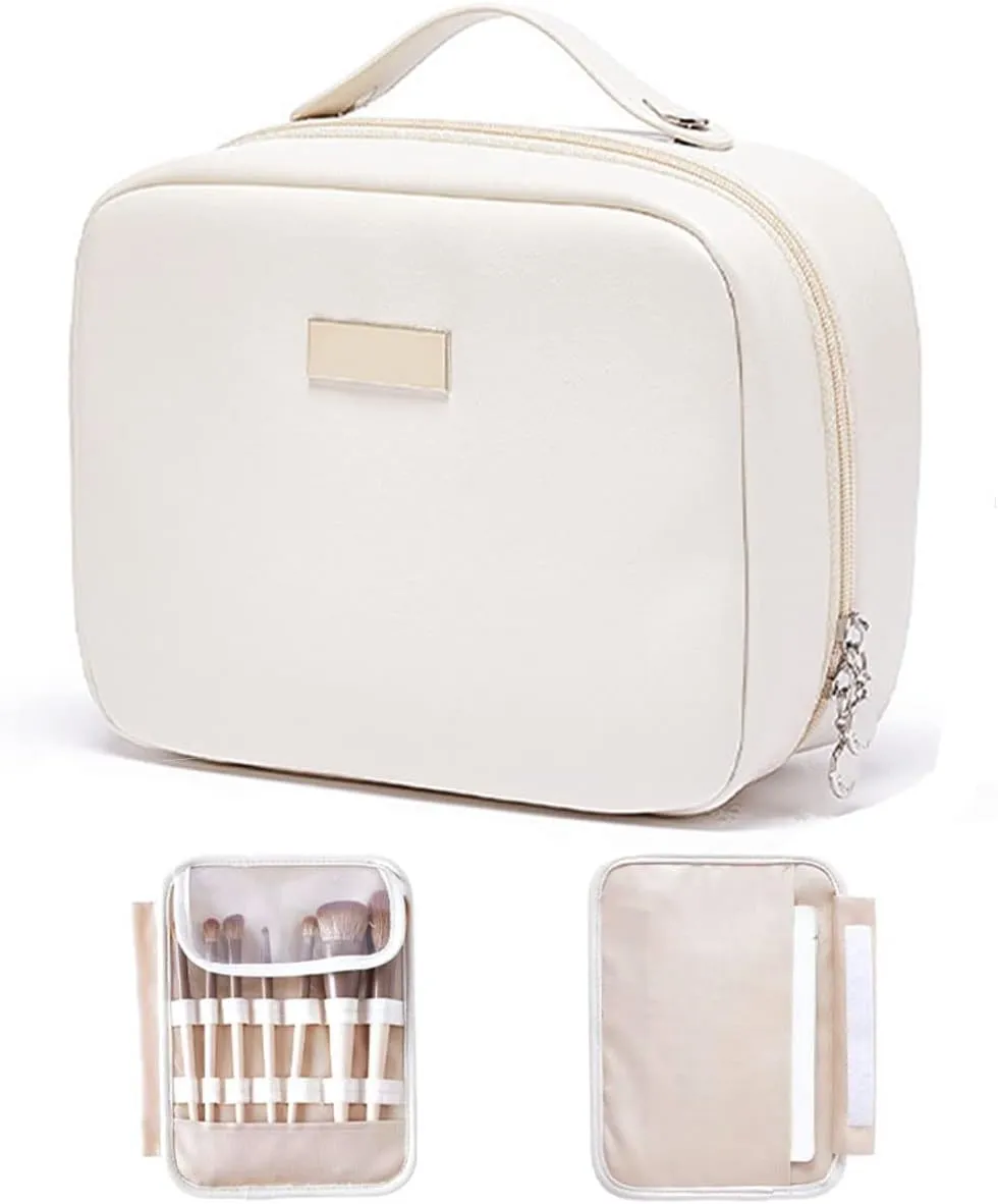 Portable Large Capacity Cosmetic Bag, Skincare Products, Makeup Brush Storage Bag, Double Layer Makeup Bag (White)