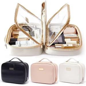 Portable Large Capacity Cosmetic Bag, Skincare Products, Makeup Brush Storage Bag, Double Layer Makeup Bag (White)