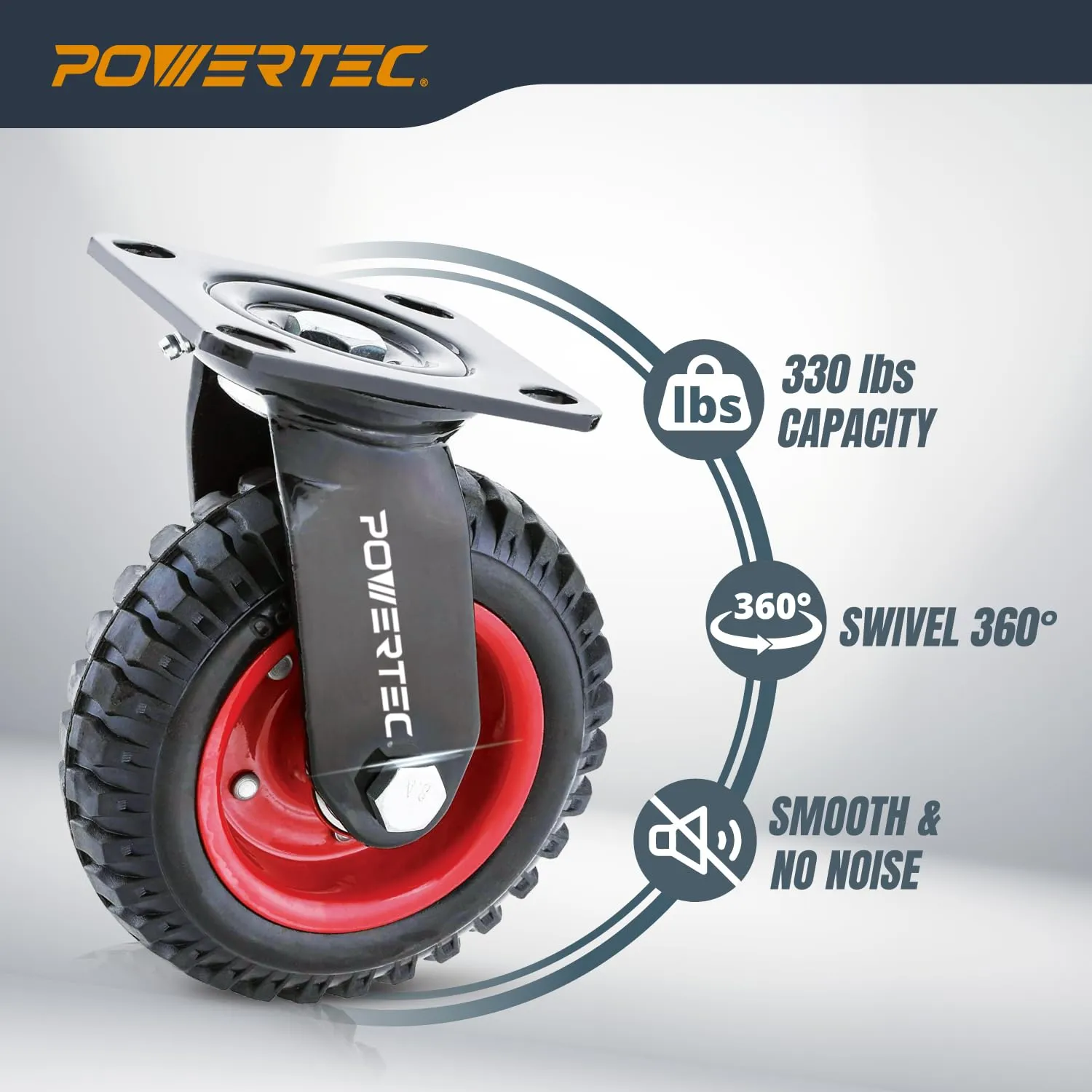 POWERTEC 6 Inch Caster Wheels, Heavy Duty Swivel Plate Casters with Rubber Knobby Tread for Workbench, Dolly, Cart, Trolley, Wagon and Chicken Coop, Large Rubber Castor Wheels, 1PK (17050)