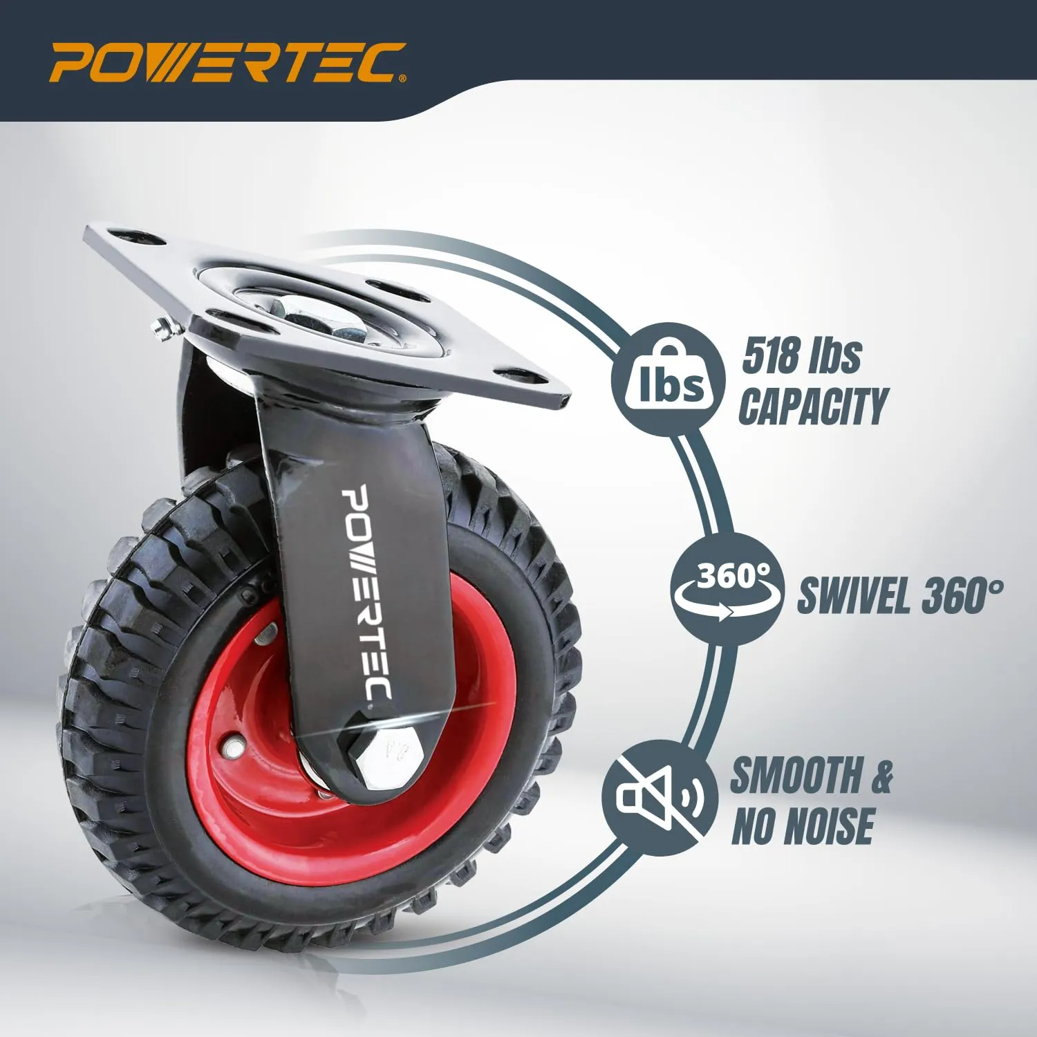 POWERTEC 8 Inch Caster Wheels, Heavy Duty Swivel Plate Casters with Rubber Knobby Tread for Workbench, Dolly, Cart, Trolley, Wagon and Chicken Coop, Large Rubber Castor Wheels, 1PK (17051)