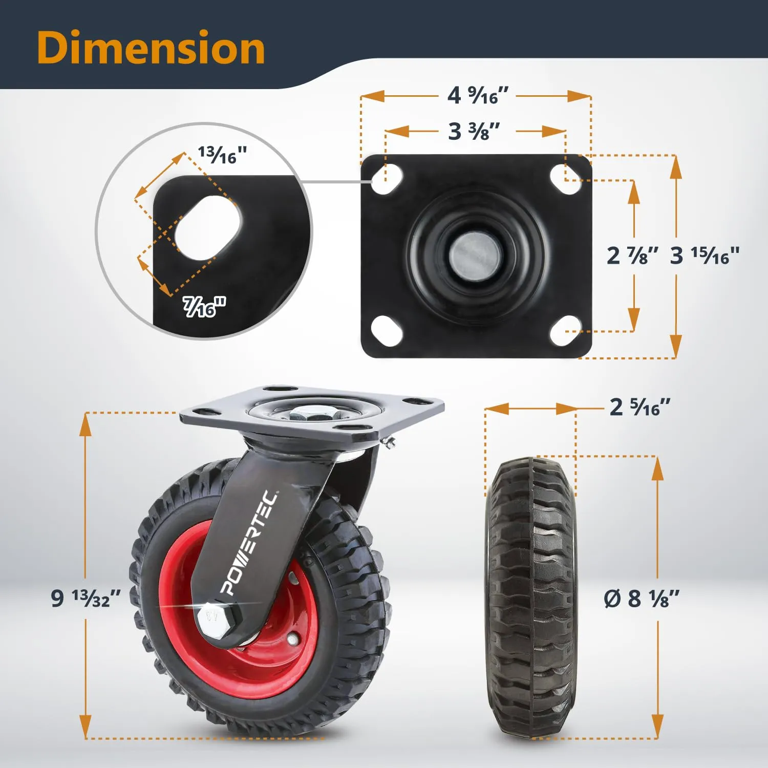 POWERTEC 8 Inch Caster Wheels, Heavy Duty Swivel Plate Casters with Rubber Knobby Tread for Workbench, Dolly, Cart, Trolley, Wagon and Chicken Coop, Large Rubber Castor Wheels, 1PK (17051)