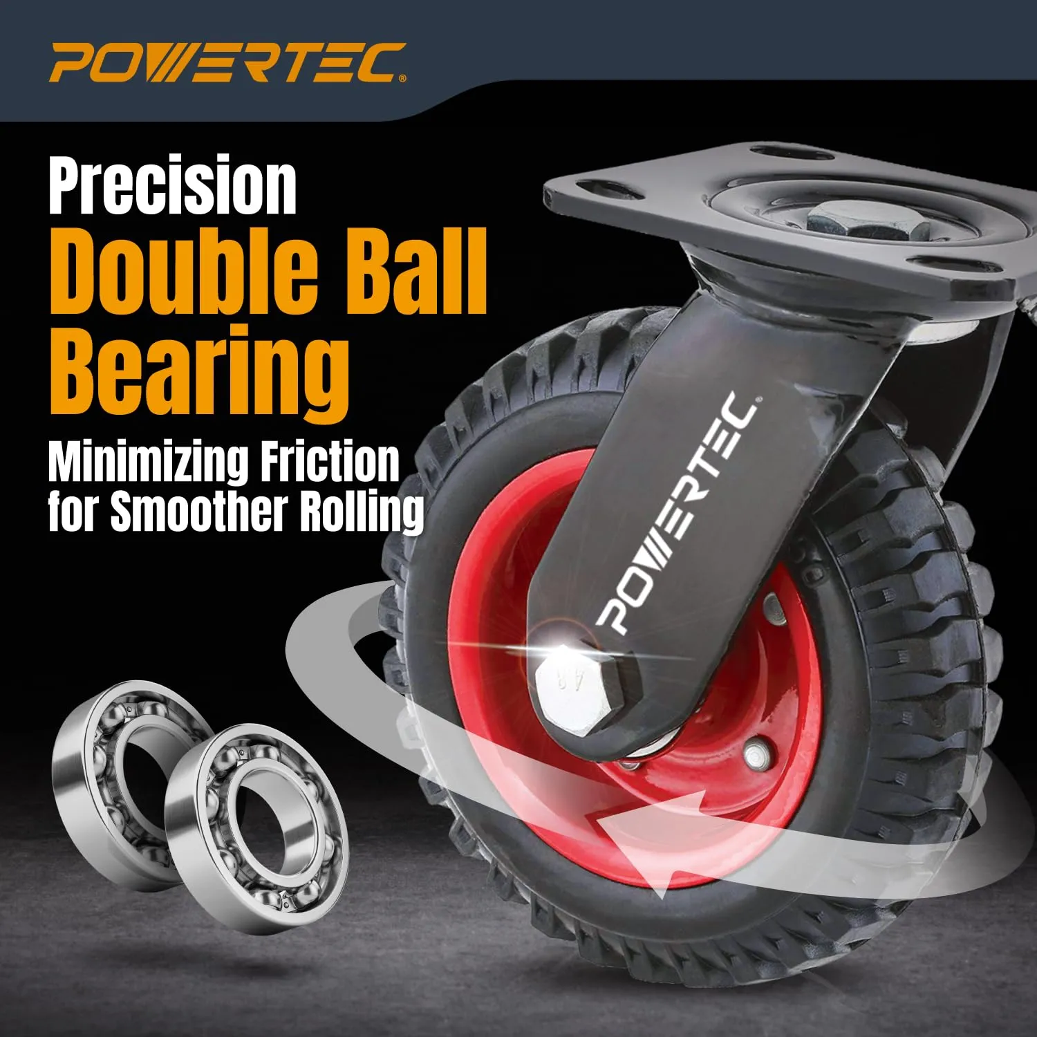 POWERTEC 8 Inch Caster Wheels, Heavy Duty Swivel Plate Casters with Rubber Knobby Tread for Workbench, Dolly, Cart, Trolley, Wagon and Chicken Coop, Large Rubber Castor Wheels, 1PK (17051)