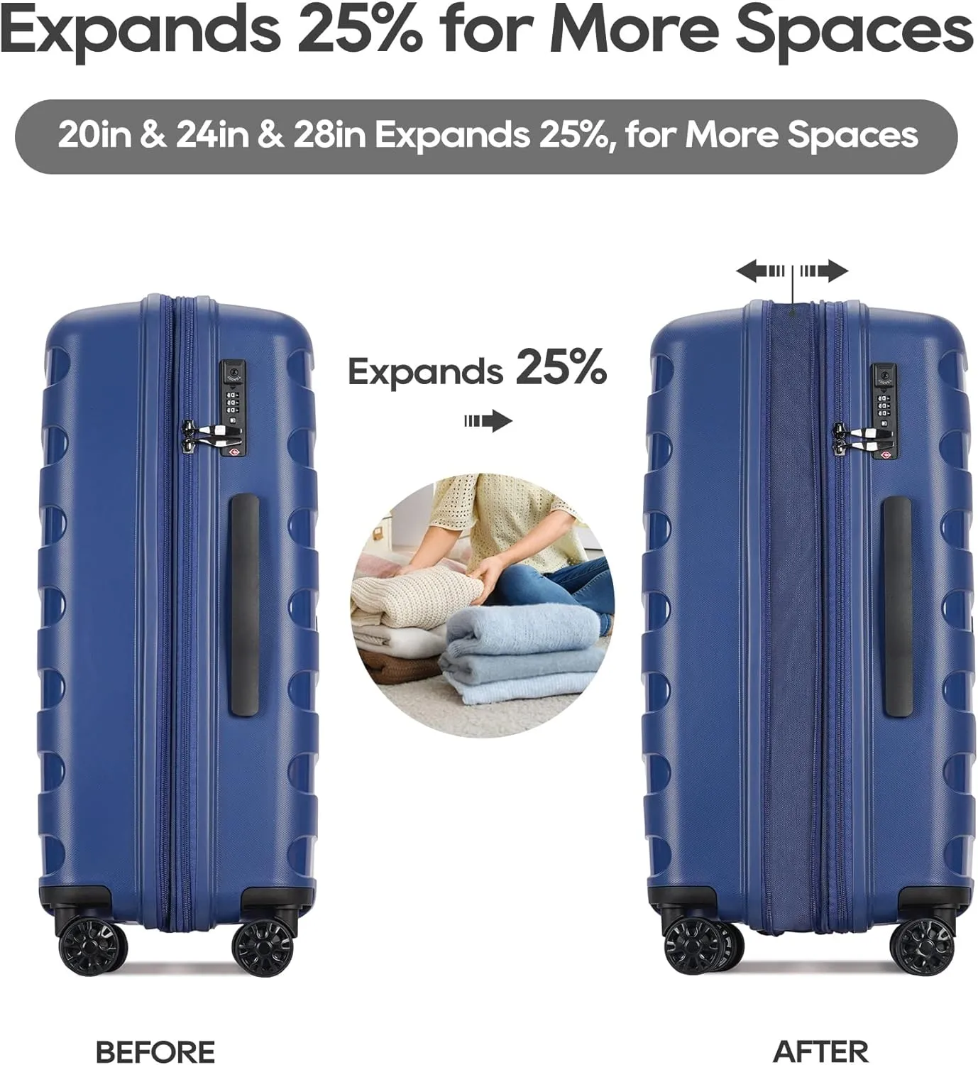 PP material 28inch expandable suitcase with Double Spinner Wheels， Suitcase with TSA Lock，Lightweight Large Luggage for Family Travel，Blue color