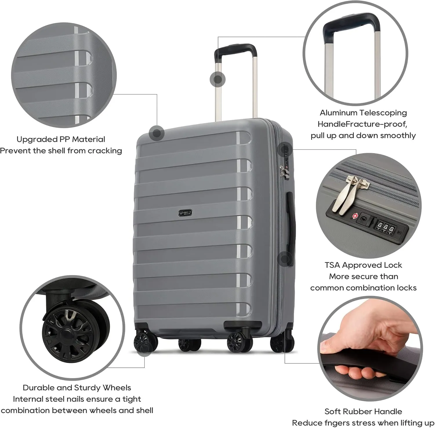 PP material Expandable Carry On Luggage Airline Approved, 20 Inch Hardside Carry On Suitcase with Wheels, Travel Harshell Spinner Small Luggage with Tsa Lock,Grey color, 20-Inch Carry-On
