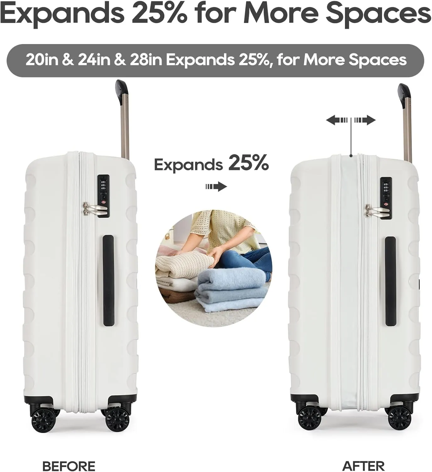 PP material Expandable Carry On Luggage Airline Approved, 20 Inch Hardside Carry On Suitcase with Wheels, Travel Harshell Spinner Small Luggage with Tsa Lock,White color, 20-Inch Carry-On