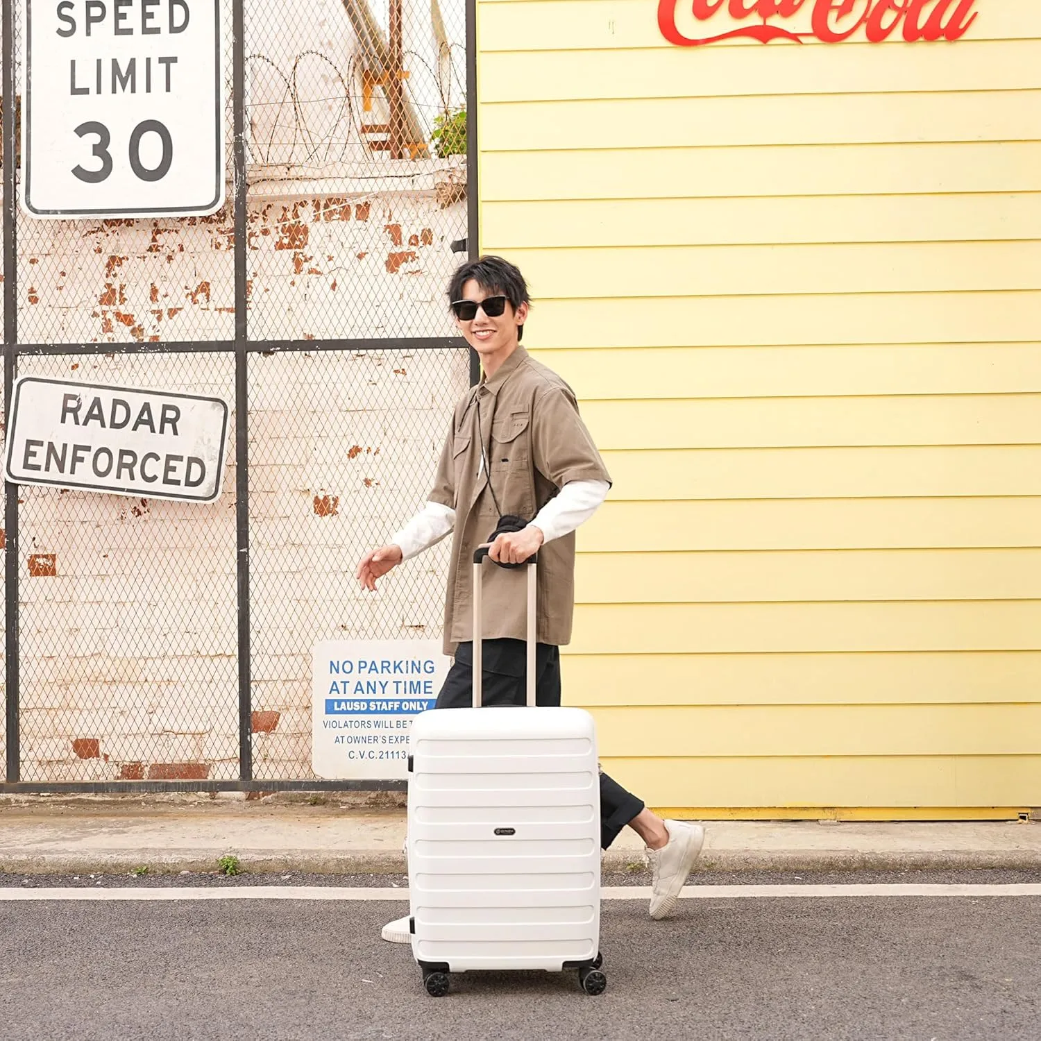 PP material Expandable Carry On Luggage Airline Approved, 20 Inch Hardside Carry On Suitcase with Wheels, Travel Harshell Spinner Small Luggage with Tsa Lock,White color, 20-Inch Carry-On