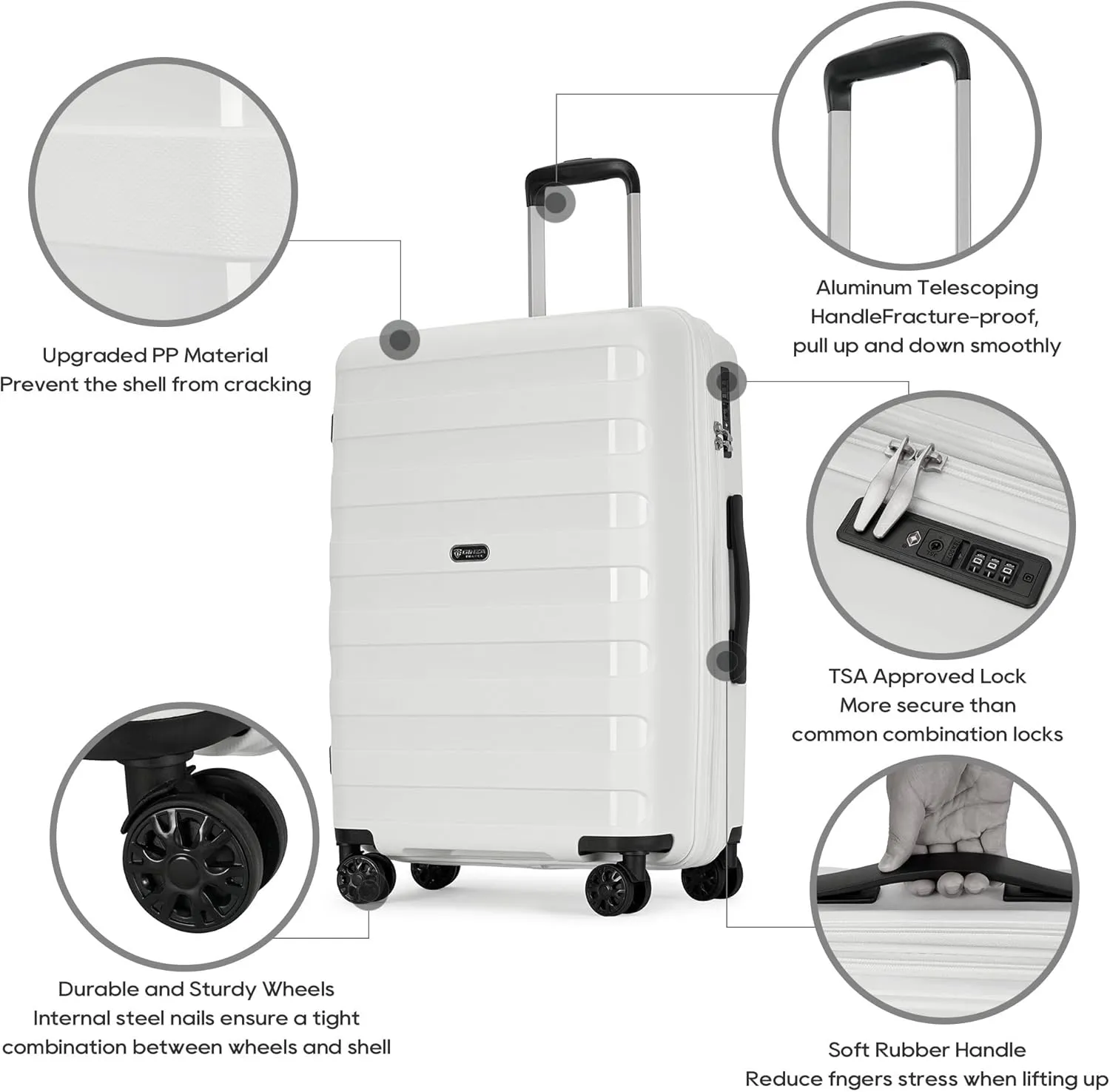 PP material Expandable Carry On Luggage Airline Approved, 20 Inch Hardside Carry On Suitcase with Wheels, Travel Harshell Spinner Small Luggage with Tsa Lock,White color, 20-Inch Carry-On