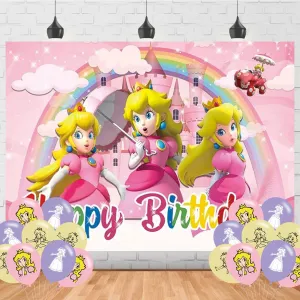 Princess Peach Birthday Decorations,Princess Peach Backdrops for Party Decorations Supplies,Princess Happy Birthday Banner Backdrop for Party Supplies (5x3ft)