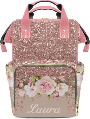 Print Pink Rose Diaper Bags Backpack Customized Baby Bag Nursing Nappy Bag Travel Tote Gifts for Women
