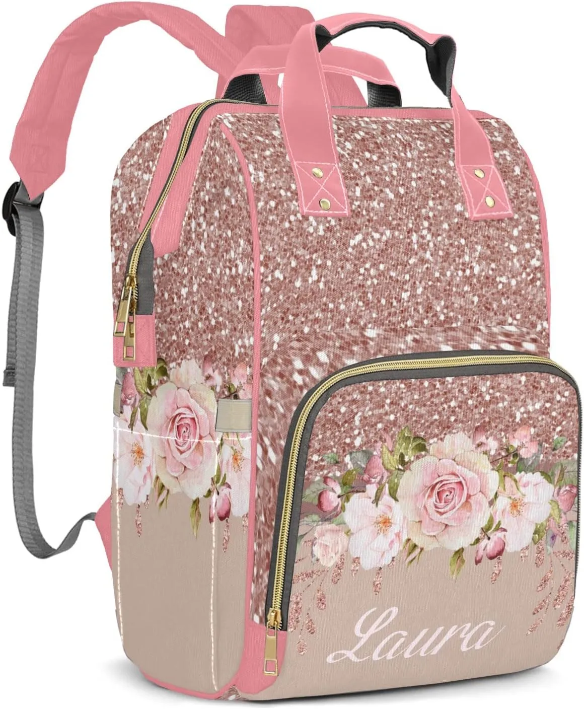 Print Pink Rose Diaper Bags Backpack Customized Baby Bag Nursing Nappy Bag Travel Tote Gifts for Women