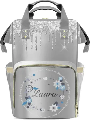 Print Silver Diaper Bags with Name Personalized Baby Bag Travel Tote Bag Waterproof Backpack for Mom Gift
