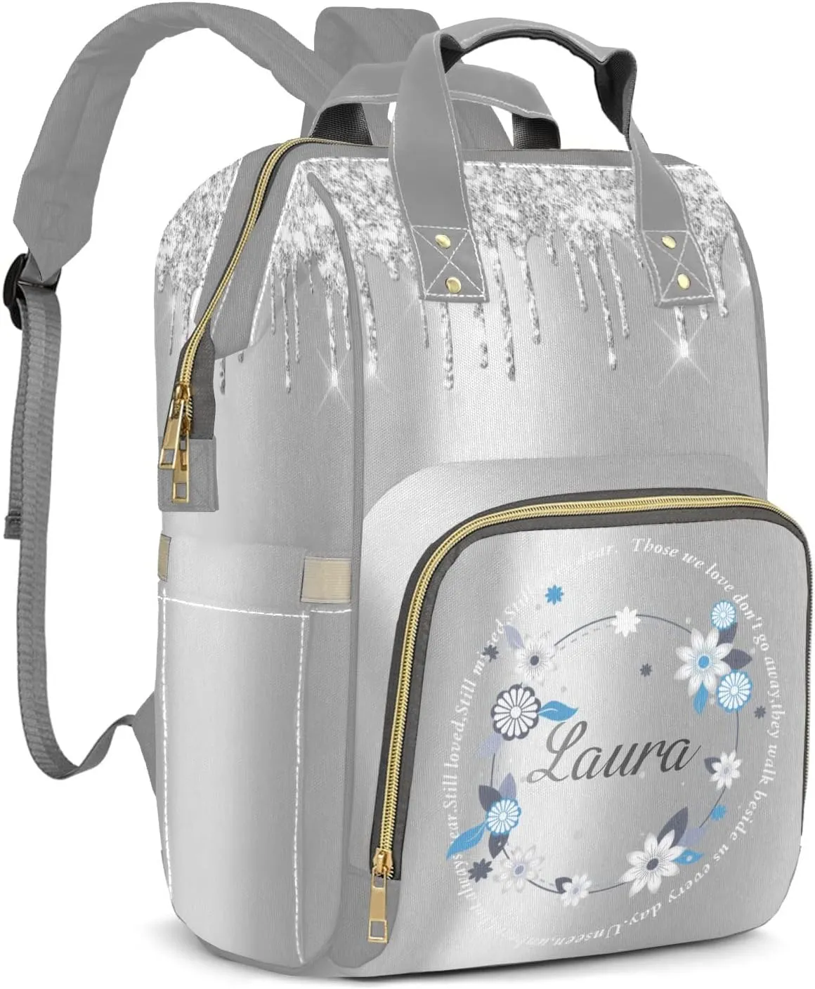 Print Silver Diaper Bags with Name Personalized Baby Bag Travel Tote Bag Waterproof Backpack for Mom Gift